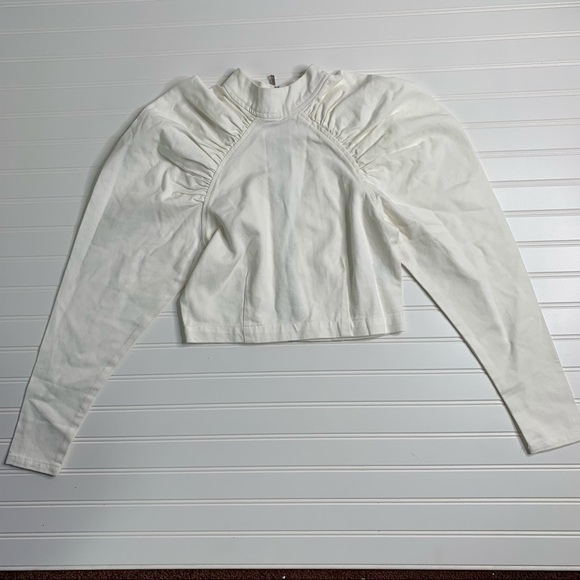 CULPOS x INC Puff Sleeve Denim Blouse in White - Picture 2 of 8
